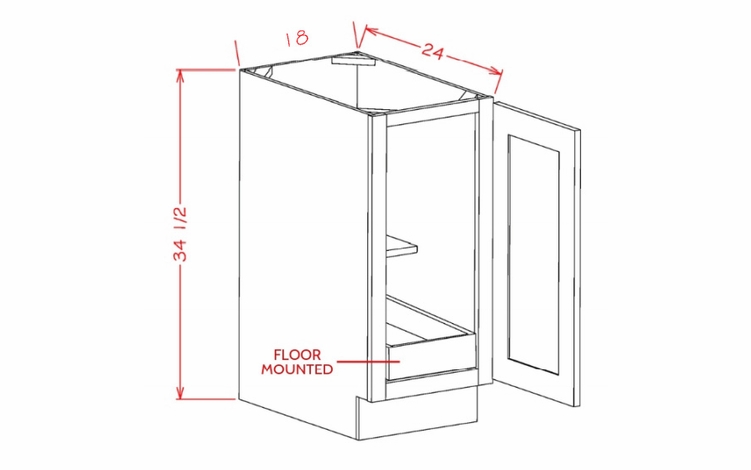 Shaker Unfinished B18FH1RS: Single Full Height Door, One Rollout Shelf Base Cabinet: RTA Kitchen Cabinets