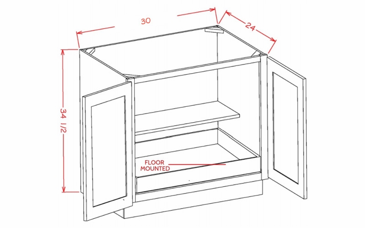 Shaker Unfinished B30FH1RS: Double Full Height Door, One Rollout Shelf Base Cabinet: RTA Kitchen Cabinets