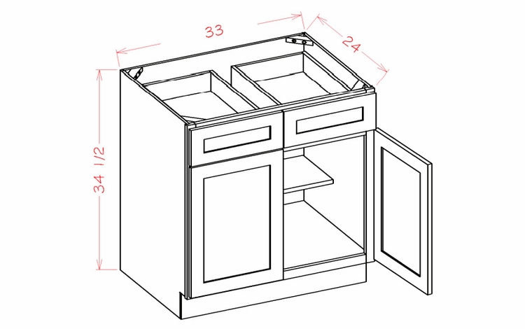 Shaker Unfinished B33: Double Door, Double Drawer Base Cabinet: RTA Kitchen Cabinets