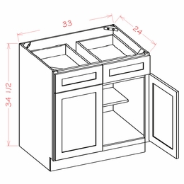 Shaker Unfinished B33: Double Door, Double Drawer Base Cabinet: RTA Kitchen Cabinets