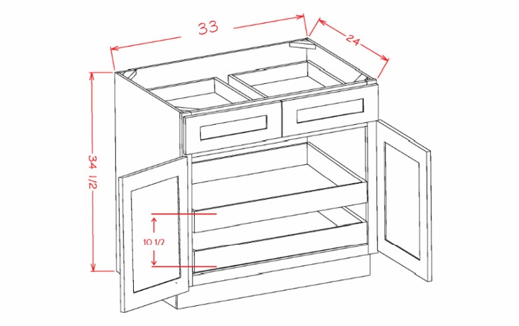 Shaker Unfinished B332RS: Double Door, Double Drawer, Two Rollout Shelf Base Cabinet: RTA Kitchen Cabinets