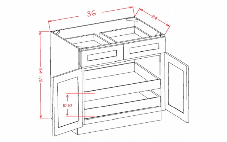 Shaker Unfinished B362RS: Double Door, Double Drawer, Two Rollout Shelf Base Cabinet: RTA Kitchen Cabinets