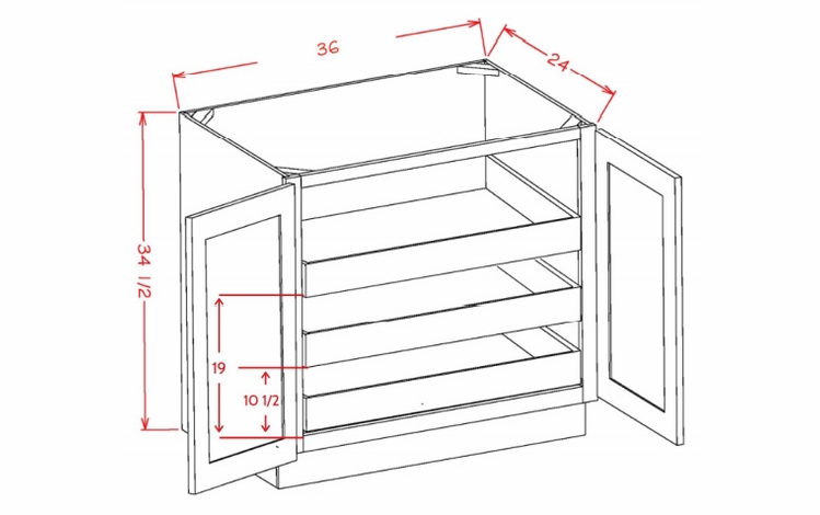 Shaker Unfinished B36FH3RS: Double Full Height Door, Three Rollout Shelf Base Cabinet: RTA Kitchen Cabinets