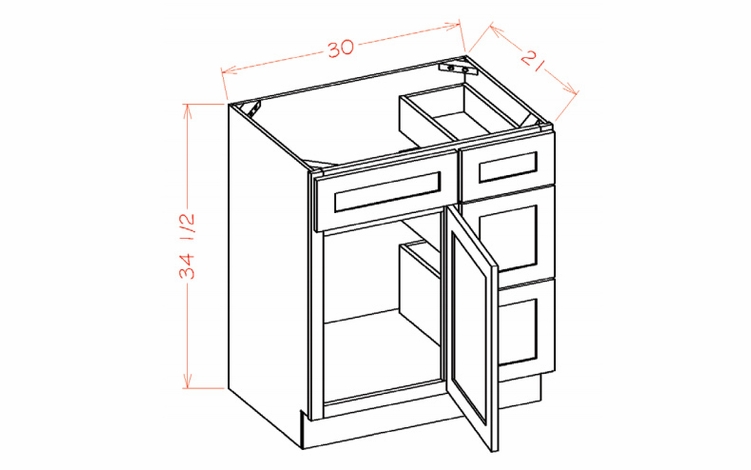 Shaker Unfinished V3021DR: Vanity Combo Base Cabinet - Drawers Right: RTA Kitchen Cabinets