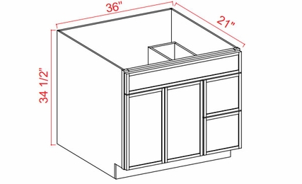 Slim Amber Oak V3621TDR: Right Drawer Vanity Combo Cabinet: Assembled Kitchen Cabinets