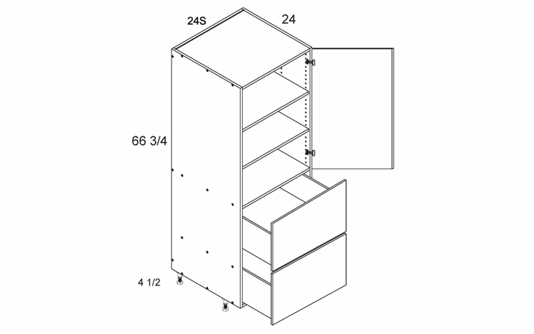 T2DB2472S: Tall One Door Two Drawer Utility: Torino White Pine Kitchen Cabinets