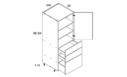 T3DB2472S: Tall One Door Three Drawer Utility: Torino Grey Wood Kitchen Cabinets