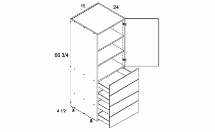 T4DB1572: Tall One Door Four Drawer Utility: Torino Grey Wood Kitchen Cabinets