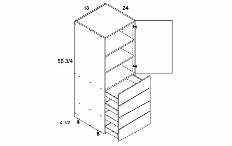 T4DB1872: Tall One Door Four Drawer Utility: Torino Grey Wood Kitchen Cabinets