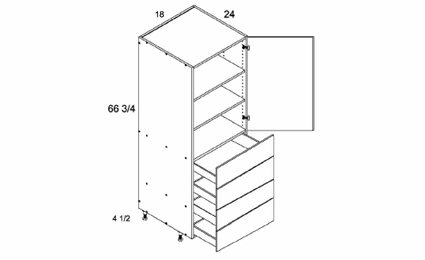 T4DB1872: Tall One Door Four Drawer Utility: Torino White Pine Kitchen Cabinets