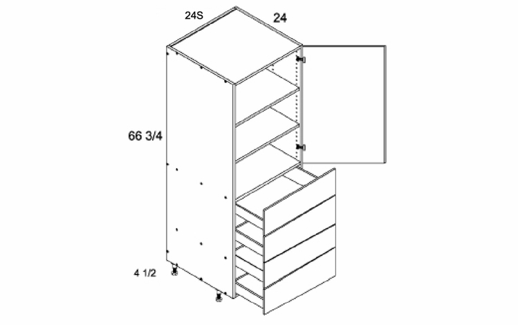 T4DB2472S: Tall One Door Four Drawer Utility: Torino Grey Wood Kitchen Cabinets