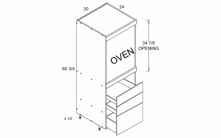 TOS3DB3072: Tall Single Oven Three Drawer Utility: Torino White Pine Kitchen Cabinets