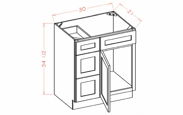 USCD Oxford White V3021DL: Vanity Combo Base Cabinet - Drawers Left: RTA Kitchen Cabinets