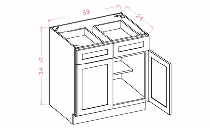 USCD Shaker Black B33: Double Door Double Drawer Base Cabinet: RTA Kitchen Cabinet