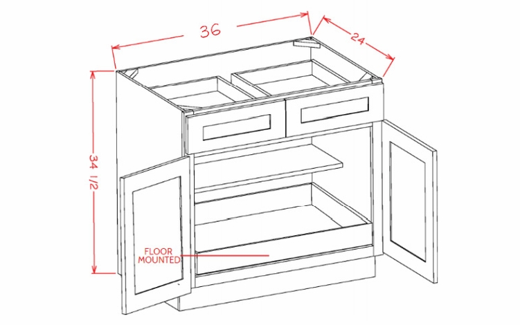 USCD Shaker Cinder B361RS: Double Door Double Drawer One Rollout Shelf Base Cabinet: RTA Kitchen Cabinet