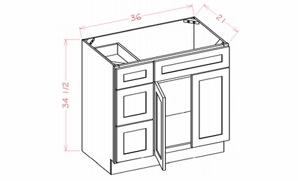 USCD Shaker Dove V3621DL: Vanity Combo Base Cabinet - Drawers Left: RTA Kitchen Cabinet