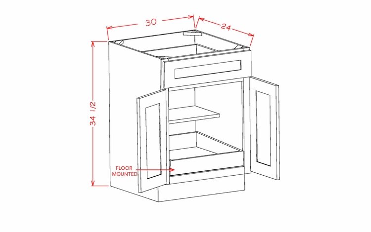 USCD Shaker Grey B30S1RS: Double Door Single Drawer One Rollout Shelf Base Cabinet: RTA Kitchen Cabinet