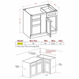 USCD Shaker White BBC45: Blind Base Cabinet: RTA Kitchen Cabinet