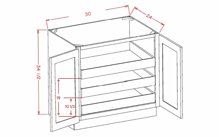 USCD Torrance Dove B30FH3RS: Double Full Height Door Three Rollout Shelf Base Cabinet: RTA Kitchen Cabinet