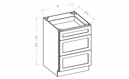 USCD Torrance White 3DB18: Three Drawer Base Cabinet: RTA Kitchen Cabinet