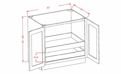 USCD Torrance White B30FH2RS: Double Full Height Door Two Rollout Shelf Base Cabinet: RTA Kitchen Cabinet