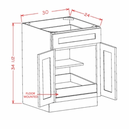 USCD Torrance White B30S1RS: Double Door Single Drawer One Rollout Shelf Base Cabinet: RTA Kitchen Cabinet