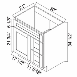 White Oak Shaker 3021DR: Right Drawer Vanity: RTA Kitchen Cabinets