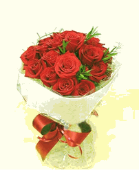 19 red roses, with green leaves.