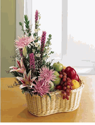 A basket of flowers and fruit