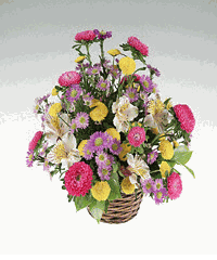 Basket of mixed bright flowers.