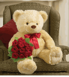 Big Bear with One Dozen Long Stem Red Roses 