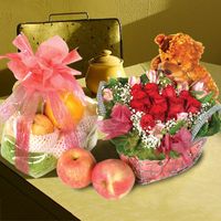 Christmas Gift Basket combo rose, Bear, and Fruits