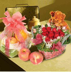 Christmas Gift Basket combo rose, Bear, and Fruits