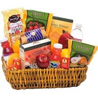 Fruits, cookie and chocolate gifts basket