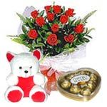 Red Rose with Teddy Bear and Chocolate