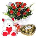 Red Rose with Teddy Bear and Chocolate