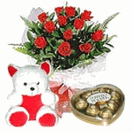 Red Rose with Teddy Bear and Chocolate