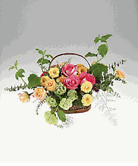 Mixed colorful roses in a basket.