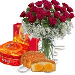 Moon Cake with 24 Red Rose Bouquet