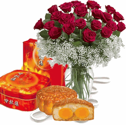 Moon Cake with 24 Red Rose Bouquet