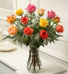 One Dozen Long Stem Multicolored Roses