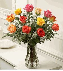 One Dozen Long Stem Multicolored Roses