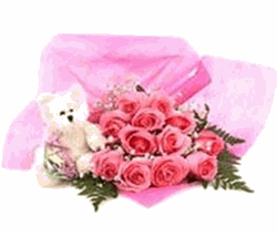 Pink rose bouquet and small bear