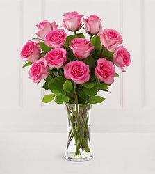 Pink Rose Bouquet with Vase - 12 Stems