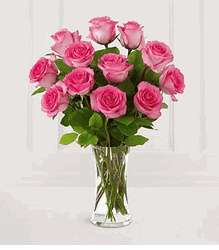 Pink Rose Bouquet with Vase - 12 Stems