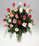 Twenty four mixed roses in a vase.