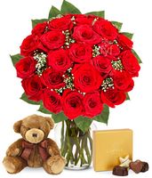 Two Dozen Premium Long Stem Red Roses with chocolate & Bear