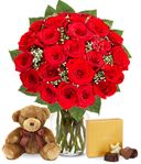 Two Dozen Premium Long Stem Red Roses with chocolate & Bear