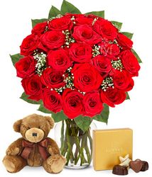 Two Dozen Premium Long Stem Red Roses with chocolate & Bear