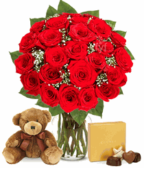 Two Dozen Premium Long Stem Red Roses with chocolate & Bear